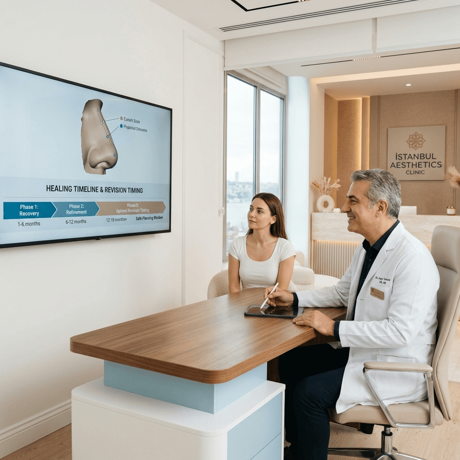 Patient consultation for revision rhinoplasty timing in Turkey with a surgeon reviewing a 3D nose model