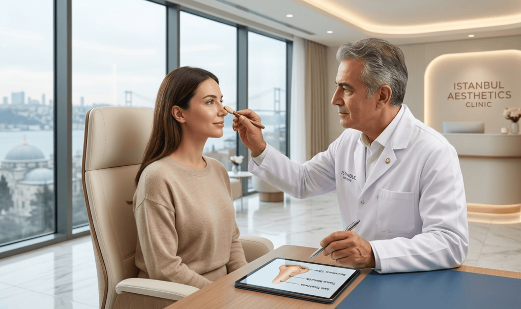 Surgeon evaluating a patient during a revision rhinoplasty consultation in Turkey