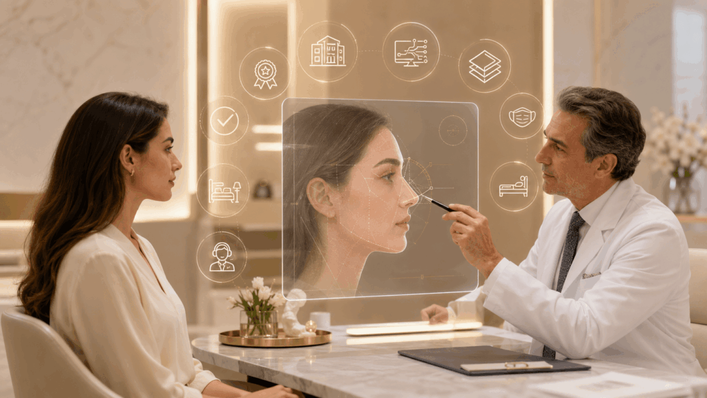 Rinoplastia o septorrinoplastia en Turquía: ¿cuánto cuesta? 2 Medical consultation illustrating the factors that influence rhinoplasty pricing and personalized treatment planning