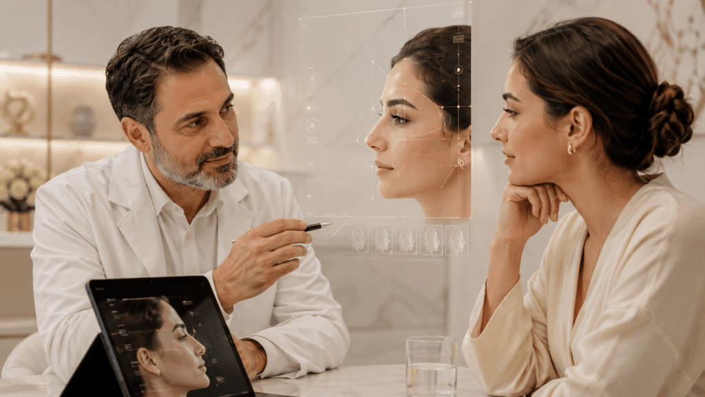 Premium rhinoplasty consultation in Turkey showing personalized treatment planning and natural facial harmony