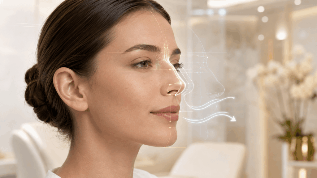 Educational concept illustrating the limitations of non-surgical rhinoplasty and realistic treatment expectations