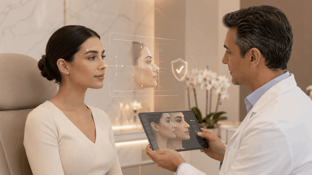 Consulta médica de rinoplastia centrada en la seguridad del paciente y la planificación personalizada